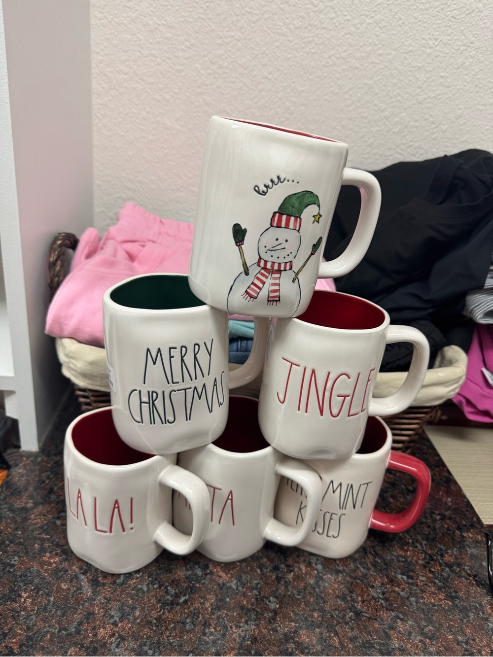 Rae Dunn Festive White Ceramic Christmas Mug Set with Red and Green Accents